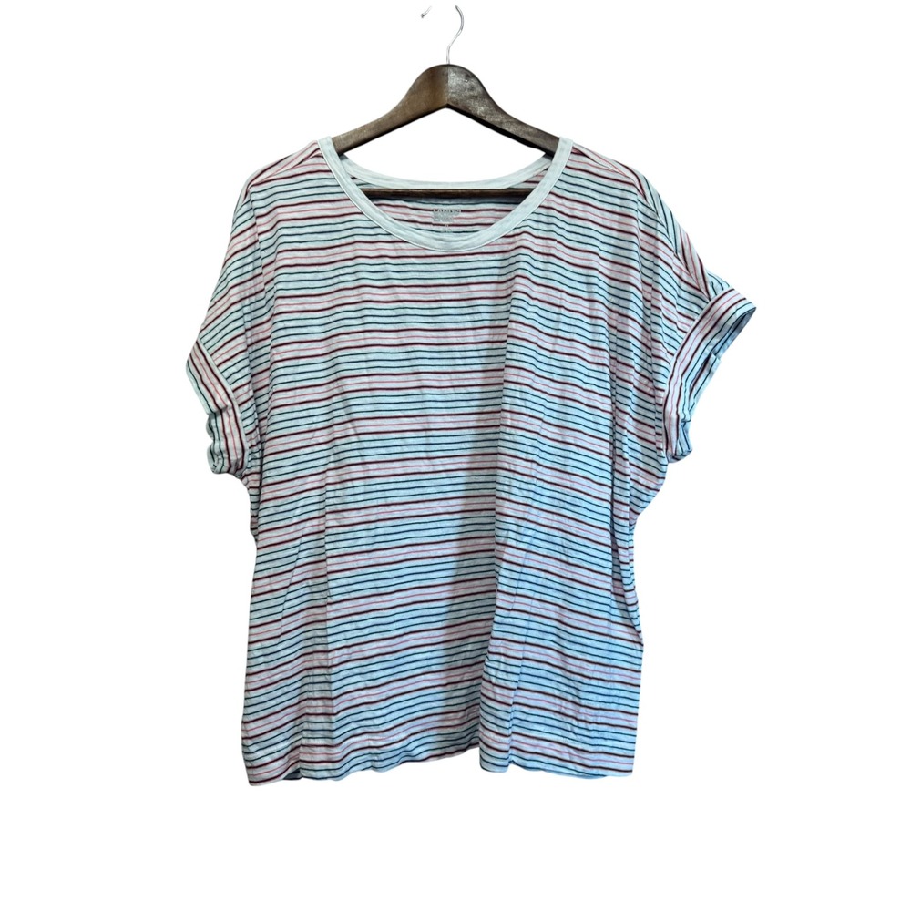 Lands End T-Shirt Women 2X White Red Blue Excellent Striped Cuffed Sleeve Tee